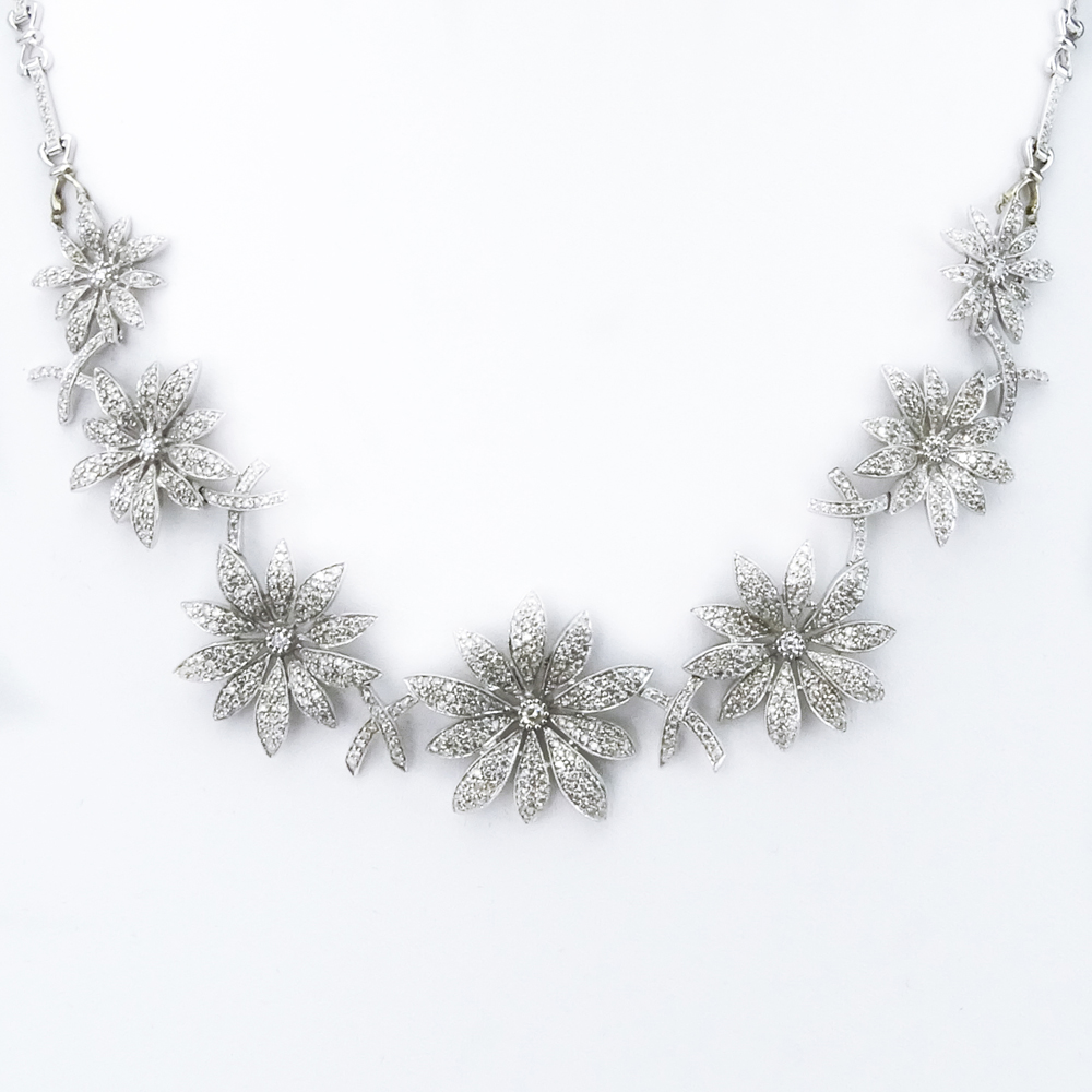 6.50 Carat Pave Set Round Brilliant Cut Diamond and 18 Karat White Gold Flower Necklace.