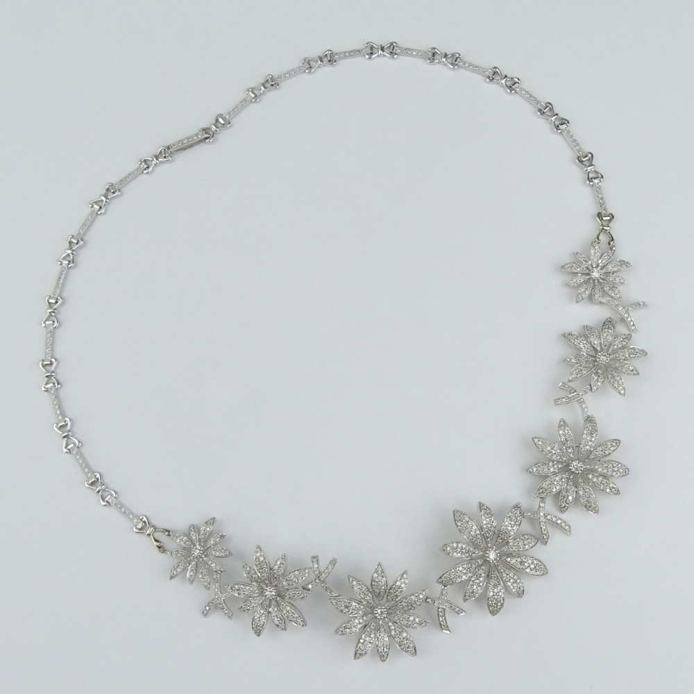 6.50 Carat Pave Set Round Brilliant Cut Diamond and 18 Karat White Gold Flower Necklace.
