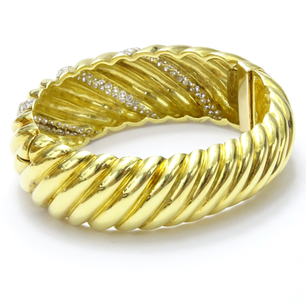 7.50 Carat Pave Set Round Brilliant Cut Diamond and Heavy 18 Karat Yellow Gold Hinged Cuff Bangle Bracelet.