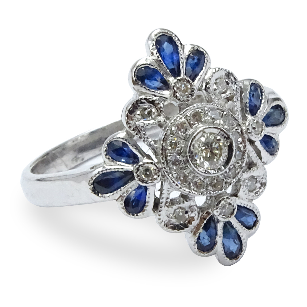 .98 Carat Pear Shape Sapphire, Diamond and 14 Karat White Gold Ring.