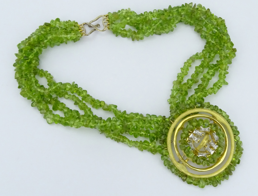 Vintage Peridot, Diamond and Gold Suite Including: Multi Strand Peridot Bead Necklace with 18 Karat Yellow Gold and Diamond Pendant / Brooch and Pair of Oval Cut Peridot, Diamond and 14 Karat Yellow Gold Ear clips