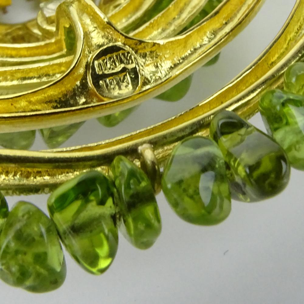 Vintage Peridot, Diamond and Gold Suite Including: Multi Strand Peridot Bead Necklace with 18 Karat Yellow Gold and Diamond Pendant / Brooch and Pair of Oval Cut Peridot, Diamond and 14 Karat Yellow Gold Ear clips