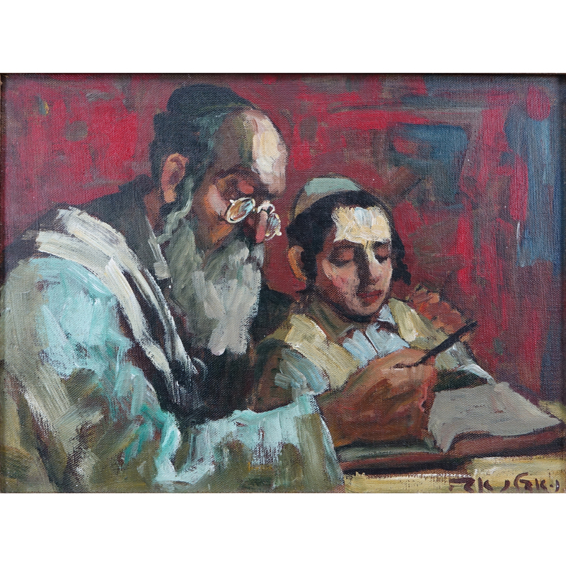 Adolf (Adi) Adler, Israeli (1917 - 1996) Oil on canvas "Rabbi and Student" Signed lower right (Hebrew), remnants of label en verso