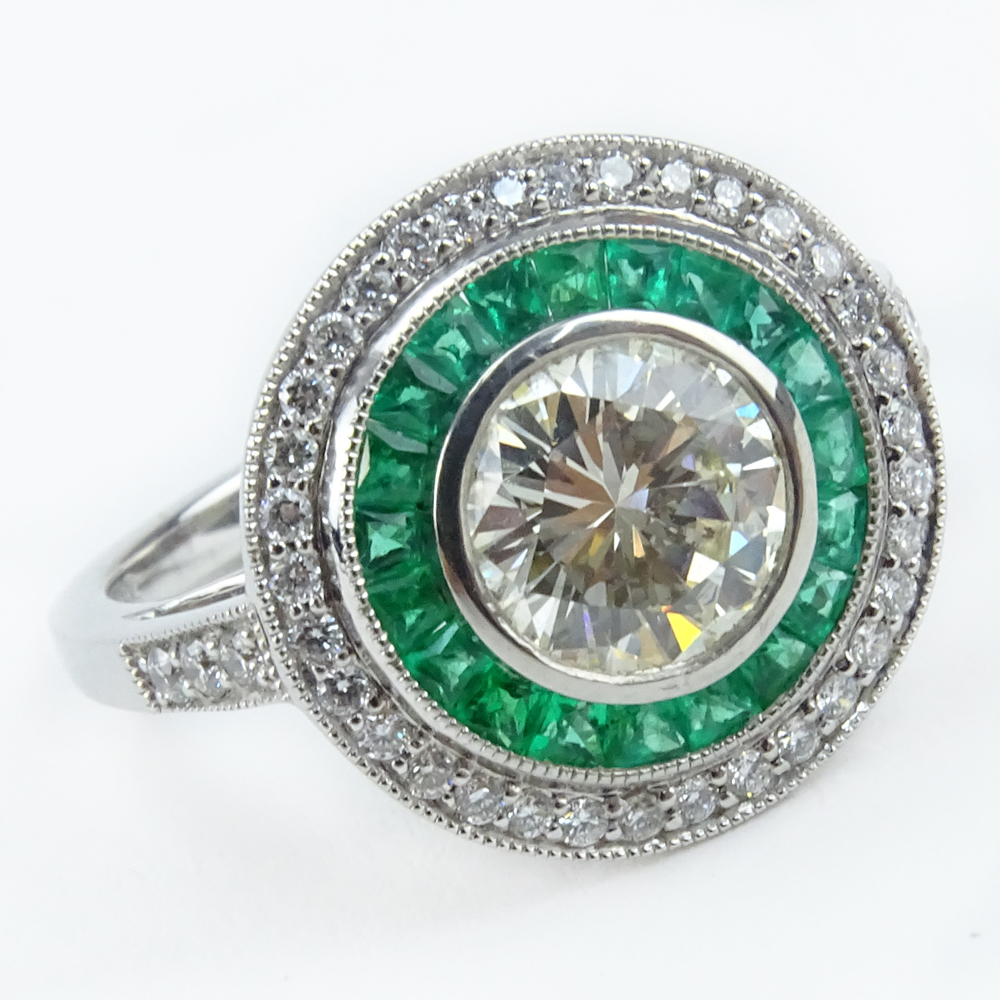 2.50 Carat TW Round Brilliant Cut Diamond, Emerald and Platinum Ring. 