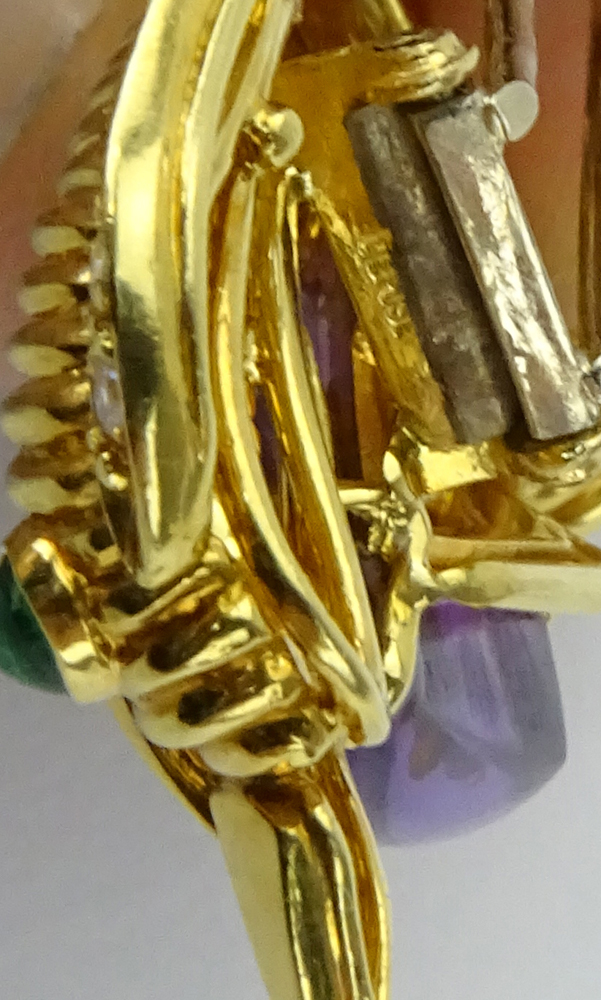 Vintage Large Garavelli Diamond, Amethyst, Ruby, Emerald and 18 Karat Yellow Gold Bird Brooch