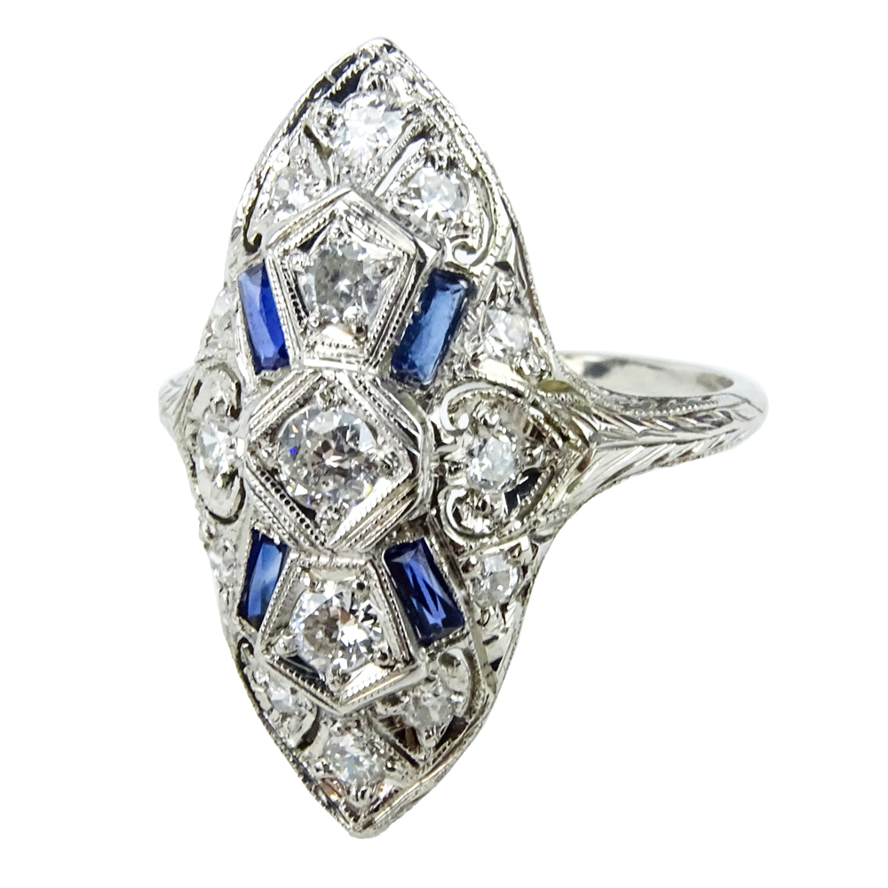 Art Deco Diamond, Sapphire and 18 Karat White Gold Ring