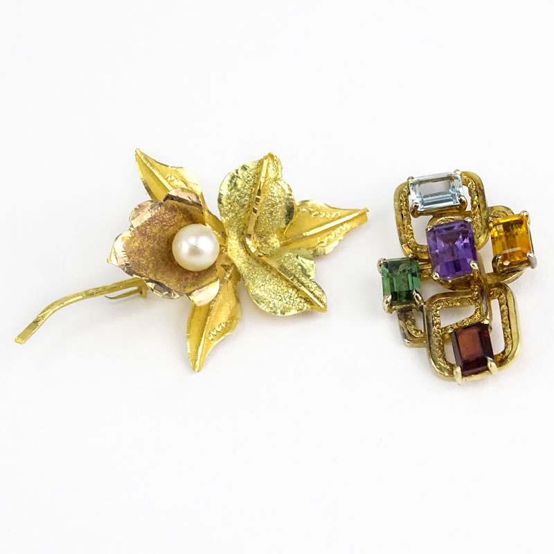 Vintage 18 Karat Yellow Gold and Pearl Flower Brooch together with a Vintage Multi Gemstone and 18 Karat Yellow Gold Pendant