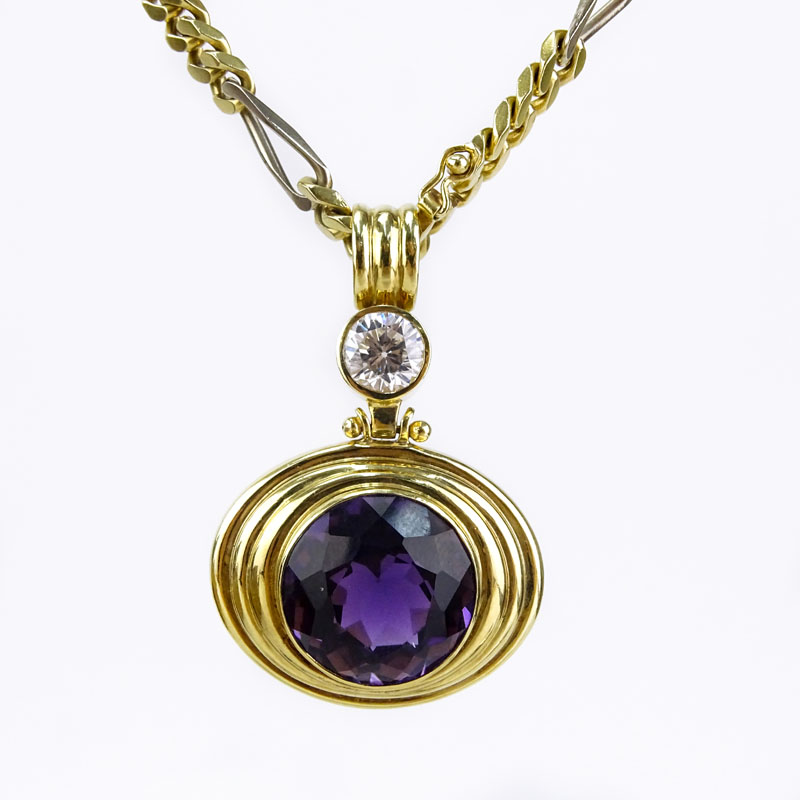 Large Round Cut Amethyst, CZ and 18 Karat Yellow Gold Pendant Necklace