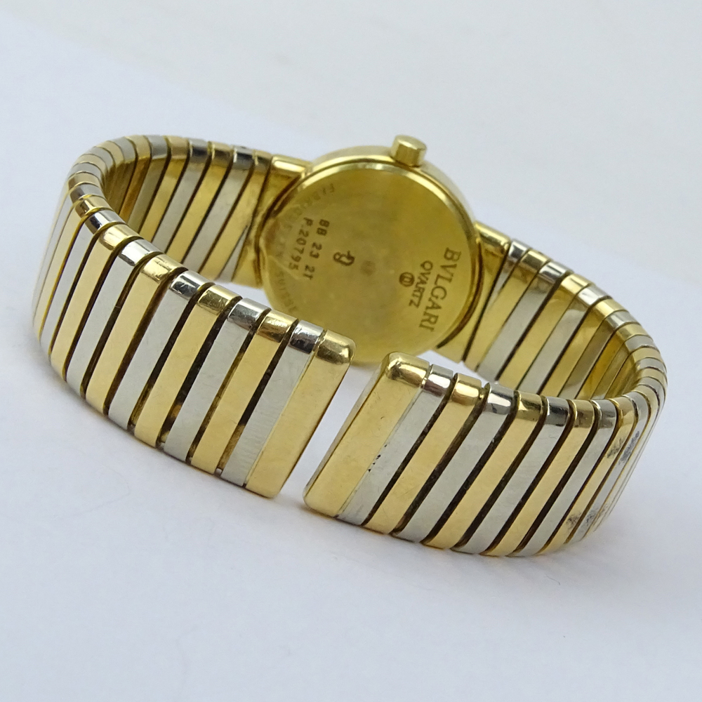 Lady's Vintage Bulgari Tubogas 18 Karat Yellow and White Gold Flexible Cuff Bangle Bracelet Watch with Quartz Movement
