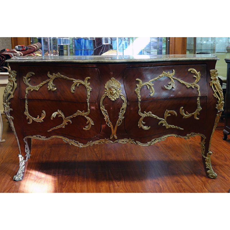 Large Louis XV Style Gilt Bronze Mounted Marble Top Commode