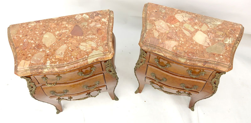 Pair of Louis XV Style Gilt Bronze Mounted Marble Top End Tables / Nightstands