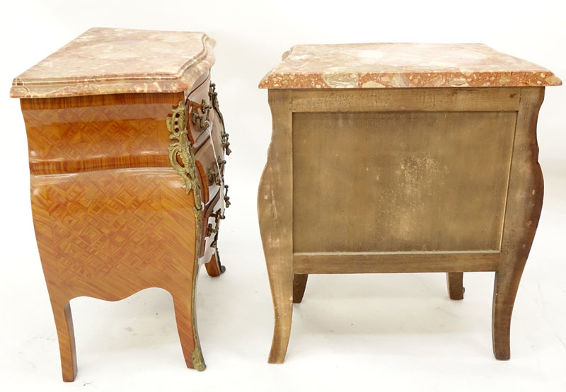 Pair of Louis XV Style Gilt Bronze Mounted Marble Top End Tables / Nightstands