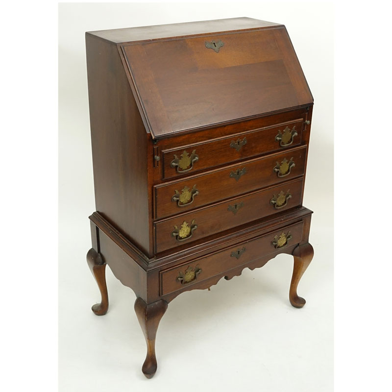 Queen Anne Style Cherry Wood Slant Top Desk with Brass Hardware