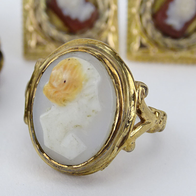 Vintage to Antique Jewelry Lot Including a 14K Yellow Gold and Cameo Ring, Pair of 14K Yellow Gold and Cameo Earrings, Pair of Carved Intaglio Carnelian and Silver Earrings and a Carved Shell and Silver Cameo Brooch
