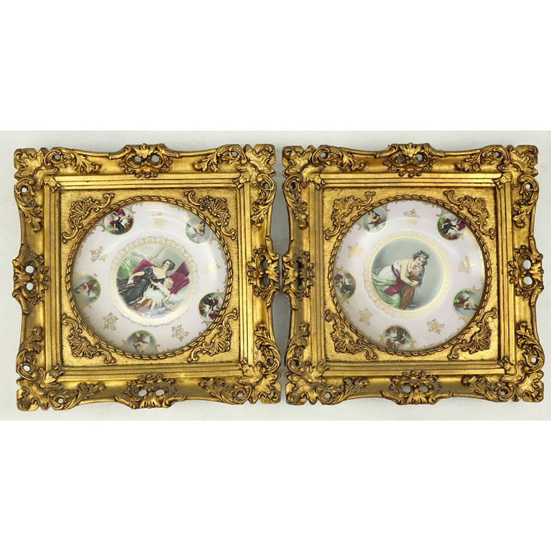 Pair of Mitterteich Bavaria Porcelain Portrait Cabinet Plates in Gilt Frame