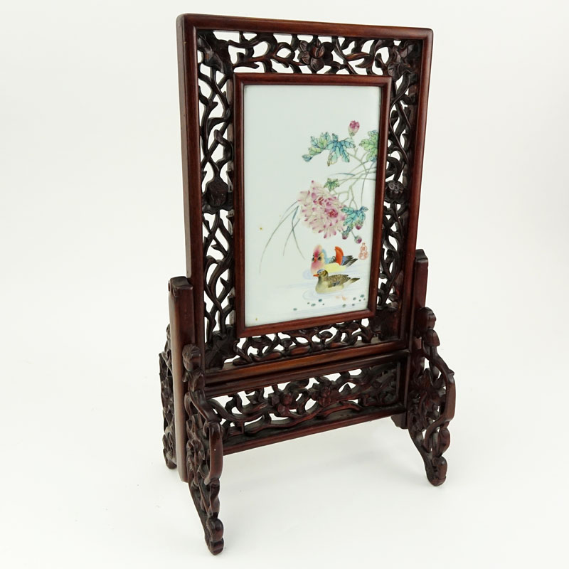 19/20th Century Chinese Hand Painted Porcelain Plaque Mounted in Carved Hardwood Frame As Table Screen