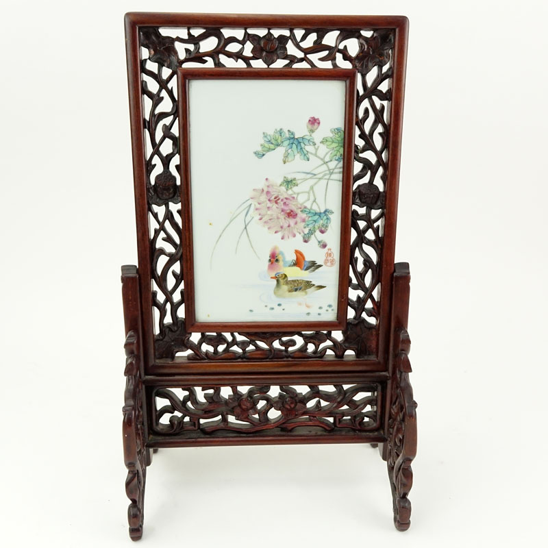 19/20th Century Chinese Hand Painted Porcelain Plaque Mounted in Carved Hardwood Frame As Table Screen