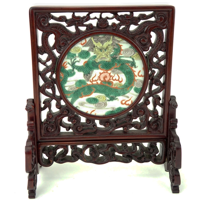 19/20th Century Chinese Hand painted Porcelain Plaque Mounted In Carved Hardwood Frame As Table Screen