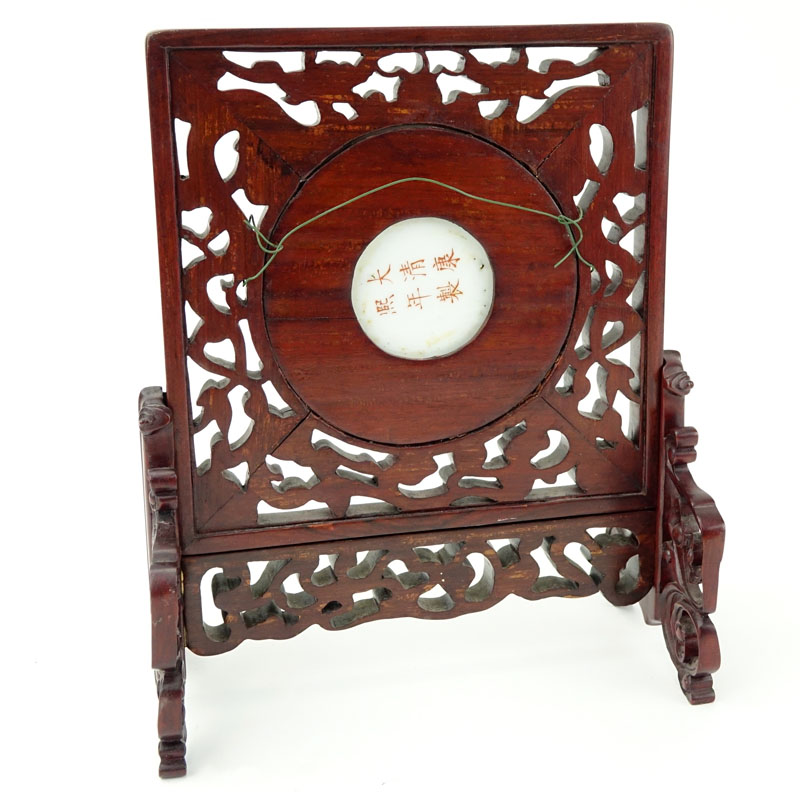 19/20th Century Chinese Hand painted Porcelain Plaque Mounted In Carved Hardwood Frame As Table Screen