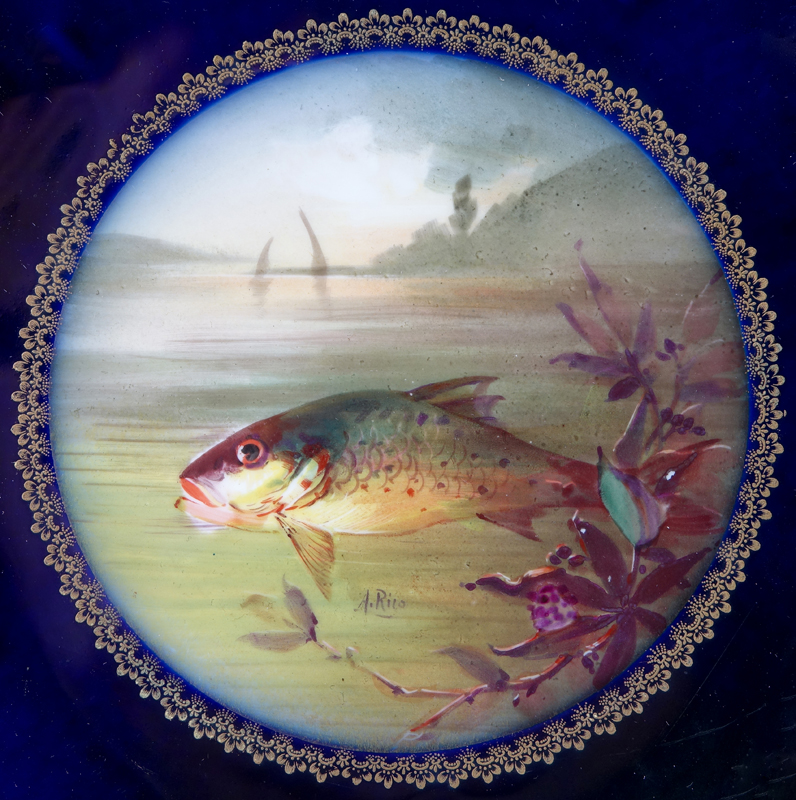 19th Century Limoges Cobalt and Gilt Hand painted Twelve (12) Piece Fish Serving Set