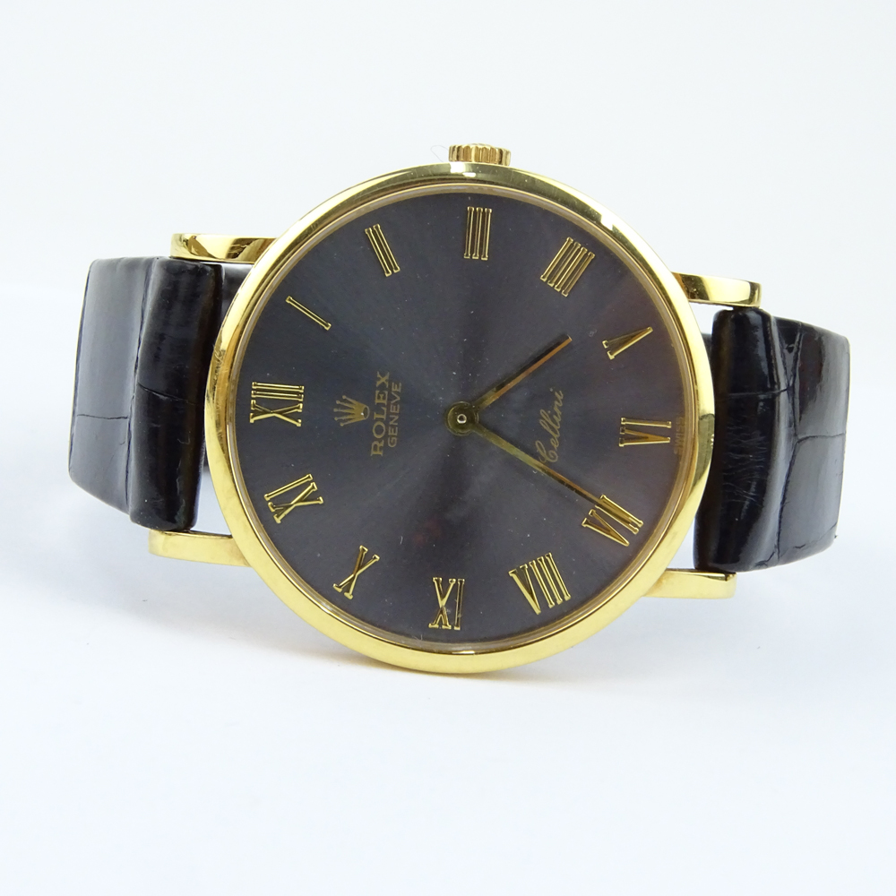 Vintage Rolex Cellini Classic 18 Karat Yellow Gold Watch with Slate Dial and Roman Numeral Hour Markers 5112, Manual Movement, 18 Karat Yellow Gold Buckle and Crocodile Strap