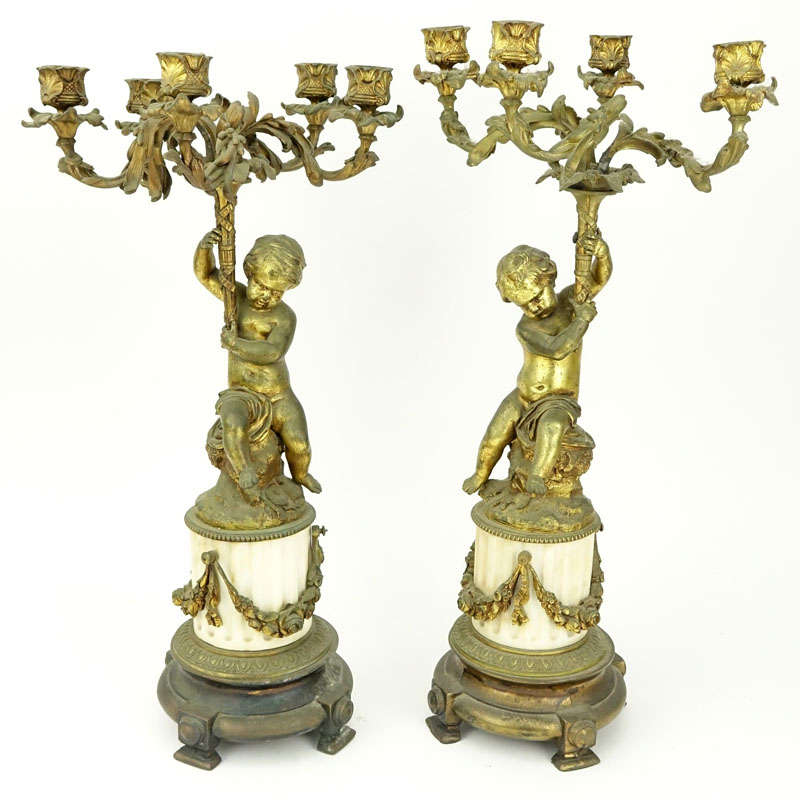Pair of Louis XVI Style Gilt Base and Marble Candelabra