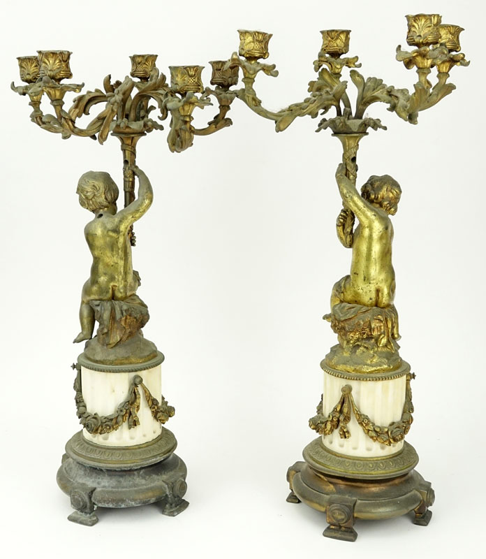 Pair of Louis XVI Style Gilt Base and Marble Candelabra