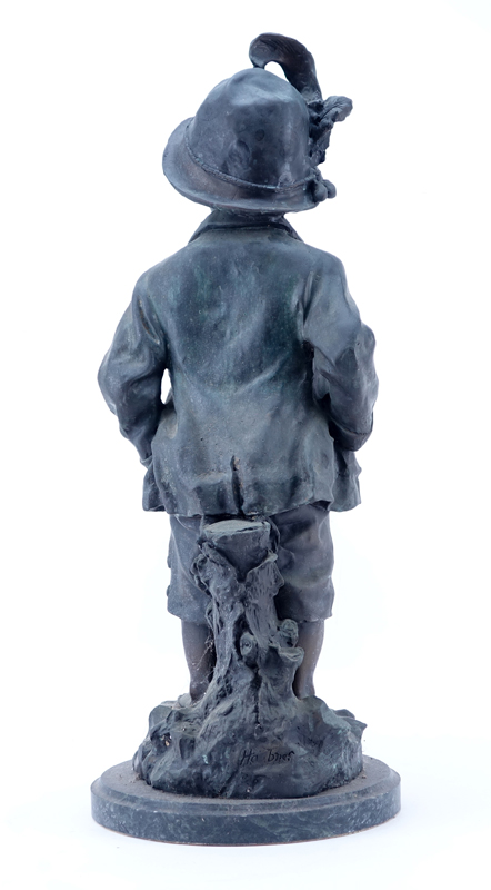 Large 20th Century French Metal "Alpine Boy" Sculpture on Marble Base by Haubner