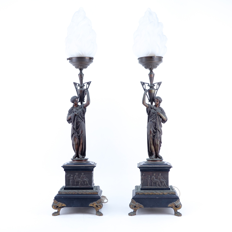 Pair of 19/20th Century Neoclassical Style Figural Lamps with Frosted Glass Shades