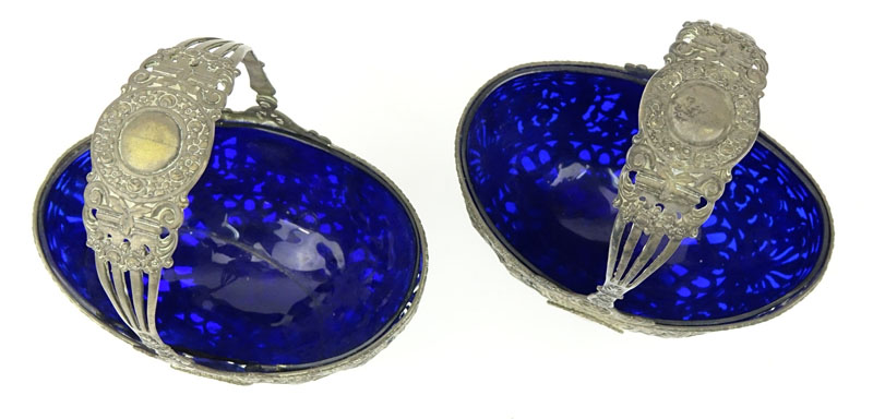 Pair of Antique Continental Silver and Cobalt Glass Footed Bonbon Baskets