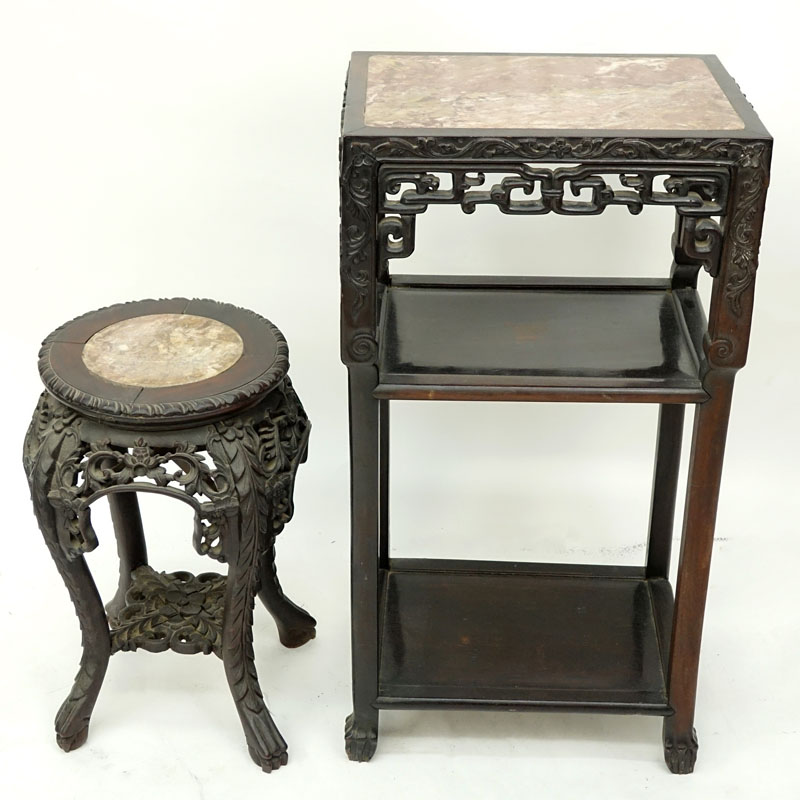 Two (2) Chinese Carved Rosewood and Marble Top Stands