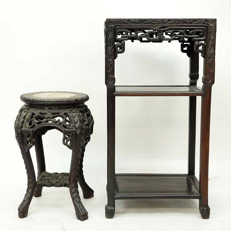 Two (2) Chinese Carved Rosewood and Marble Top Stands