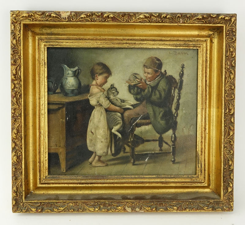 19/20th Century Oil of Board, Interior Scene with Children with Animal, Signed L