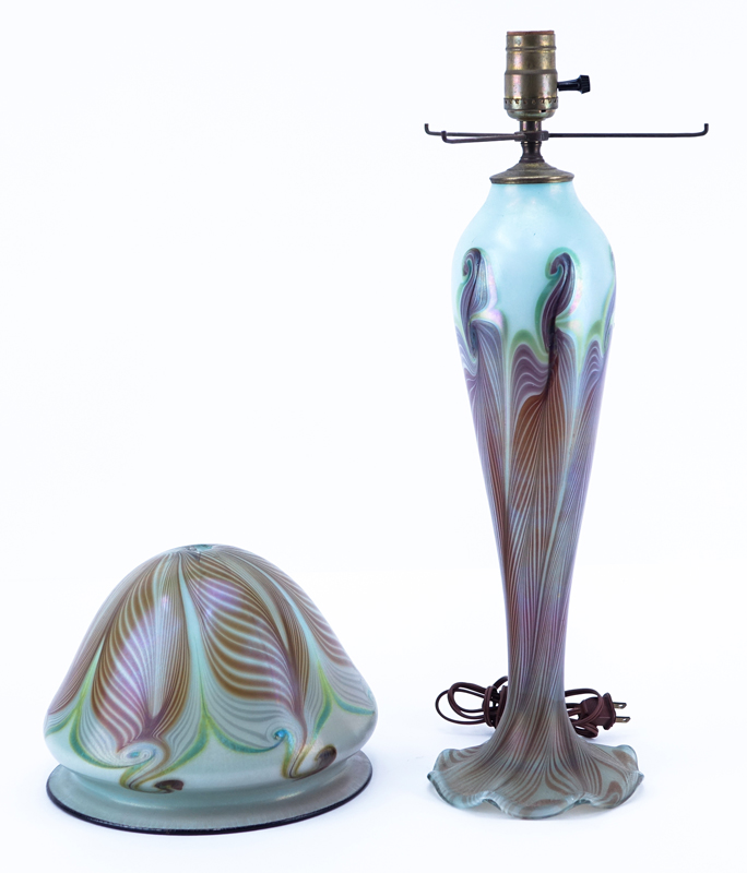 Art Nouveau Style Art Glass Pulled Feather Iridescent Lamp with Shade
