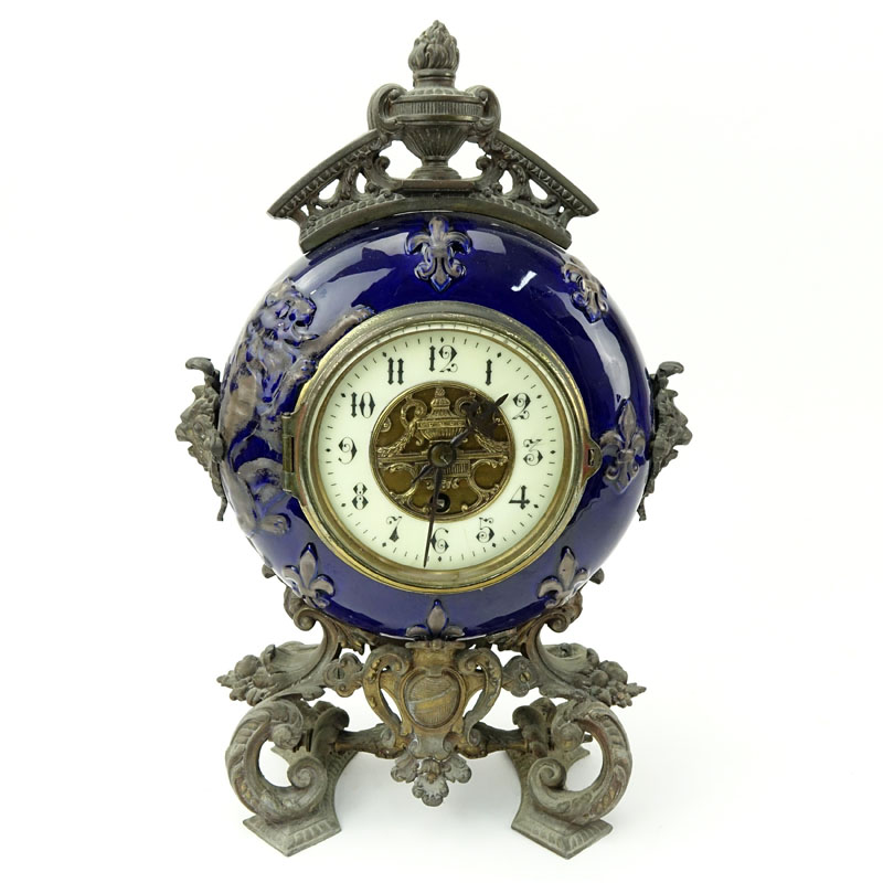 Ansonia French Art Deco Cobalt Blue Porcelain and Gilt Metal Mantle Clock