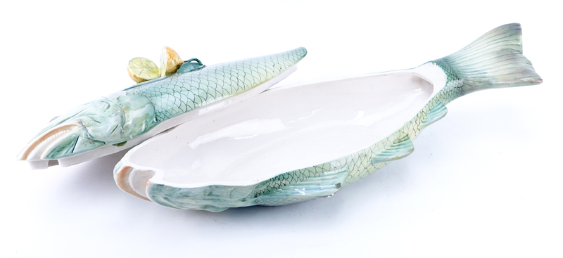 Vintage Italian Pottery Fish Tureen with Lemon Finial