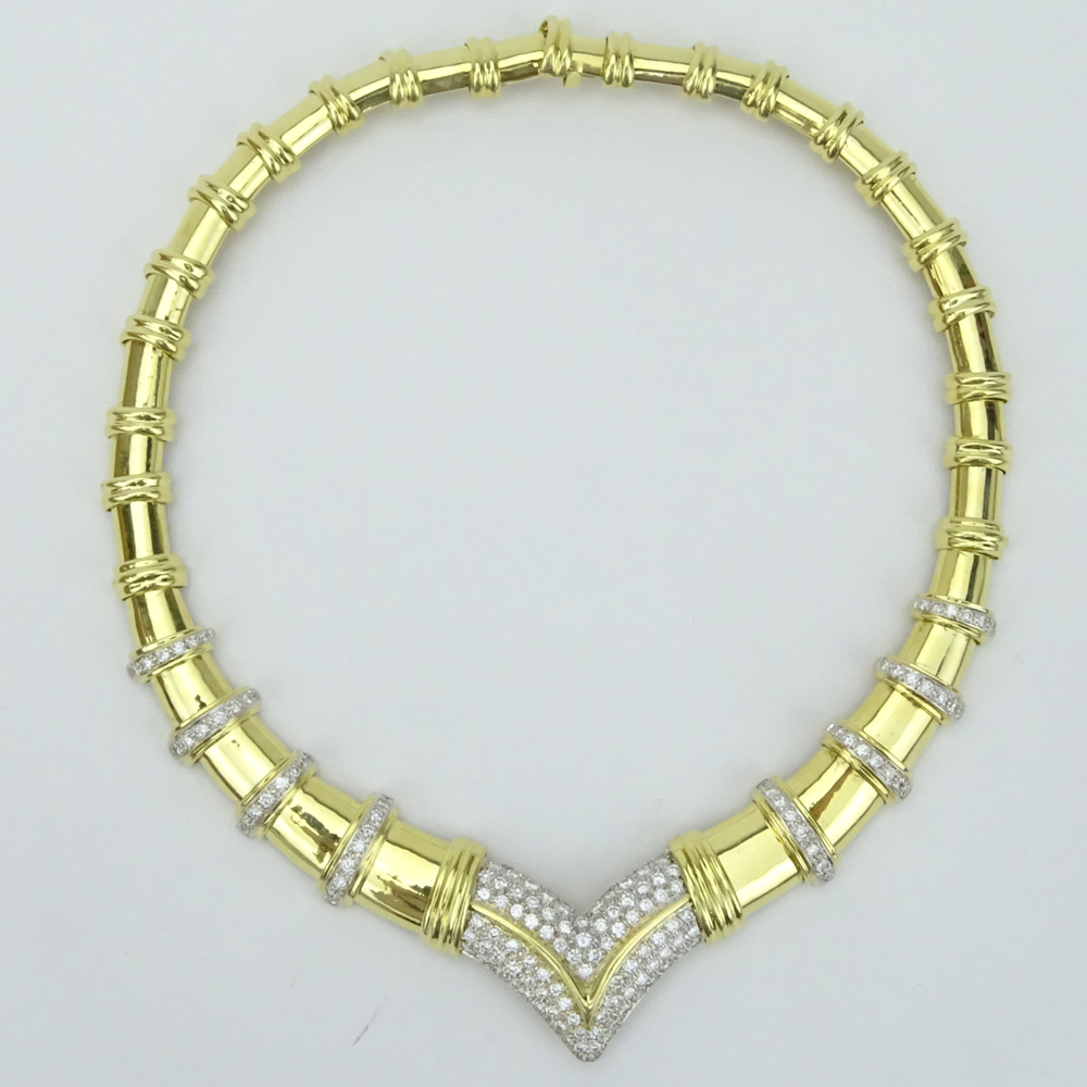 6.50 Carat Pave Set Round Brilliant Cut Diamond and Heavy 18 Karat Yellow Gold Necklace.