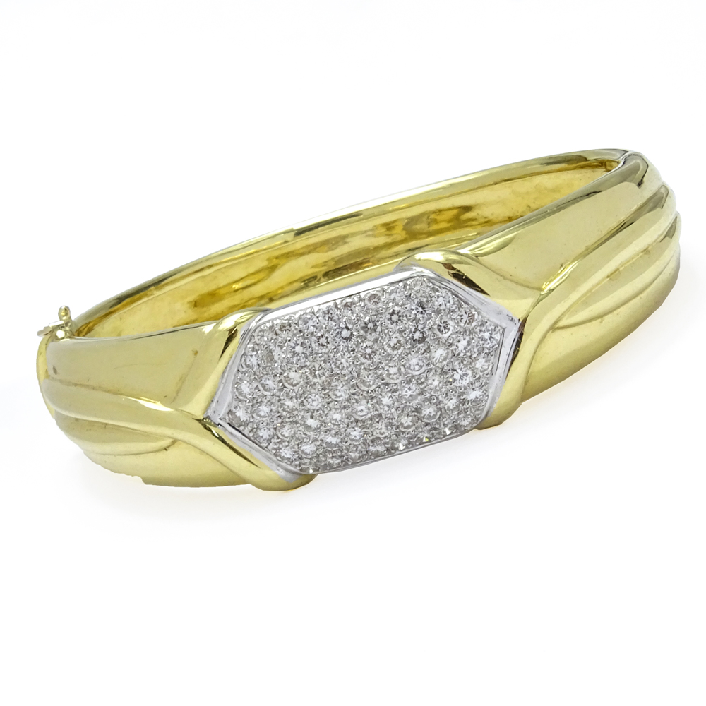 4.0-4.5 Carat Pave Set Round Brilliant Cut Diamond and 18 Karat Yellow and White Gold Hinged Bangle Bracelet.