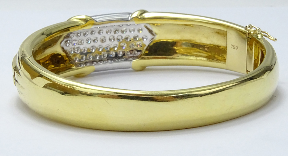 4.0-4.5 Carat Pave Set Round Brilliant Cut Diamond and 18 Karat Yellow and White Gold Hinged Bangle Bracelet.