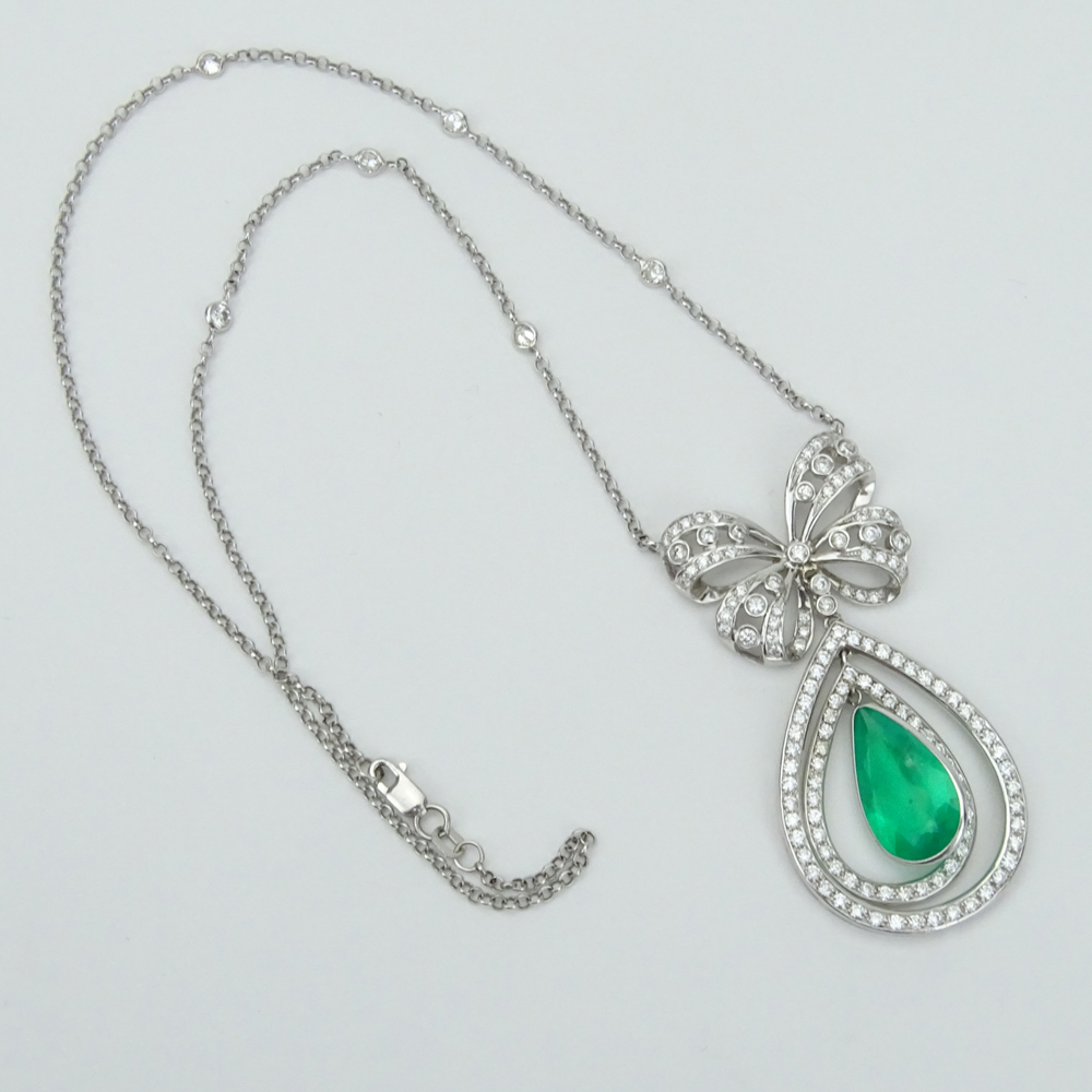 9.02 Carat Colombian Pear Shape Emerald, 4.20 Carat Round Brilliant Cut Diamond and 18 Karat White Gold Pendant Necklace.