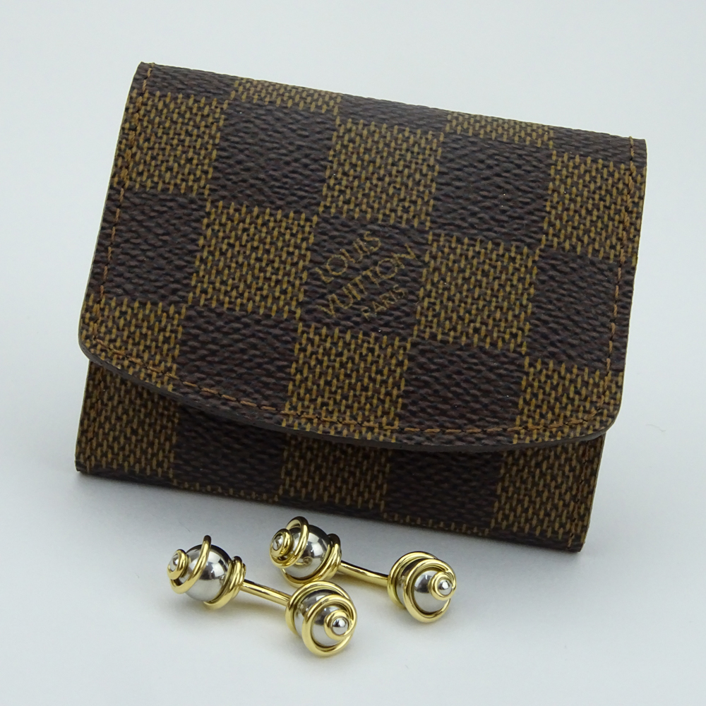 Louis Vuitton 18 Karat Yellow Gold and Stainless Steel Swirl Design Double Stud Cufflinks w/Case