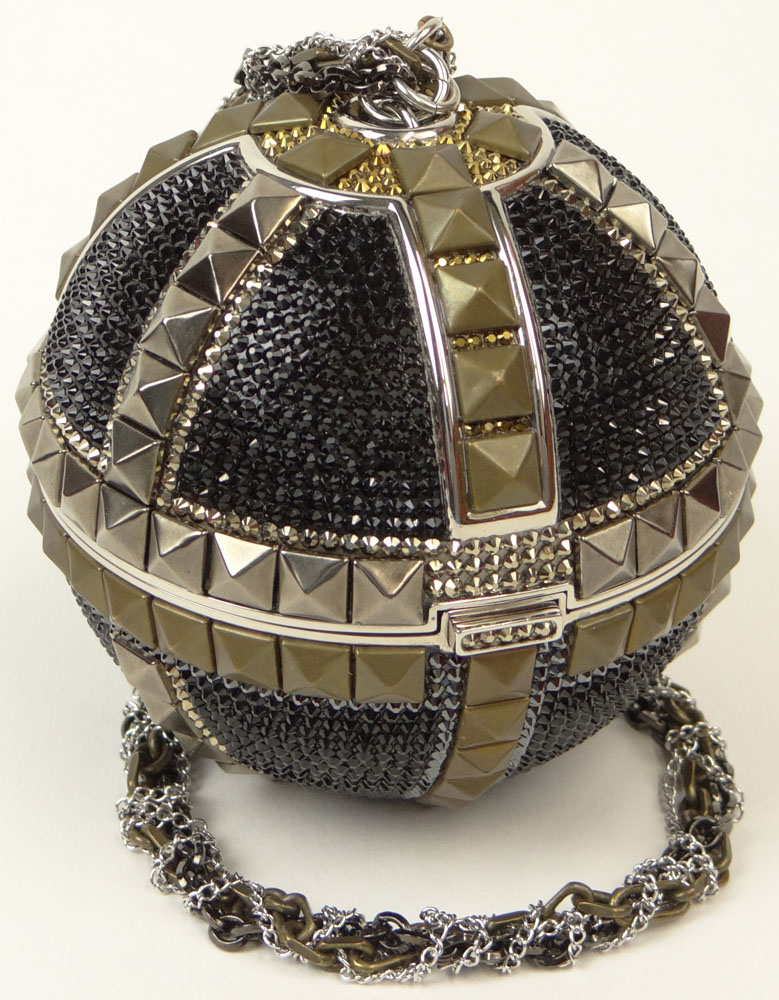 Brand New Judith Leiber Black Crystal Pyramid Studded Sphere Disco Holiday Ball Clutch Minaudière Evening Bag with 18 Inch Chain Strap and Applied Jet Decoration