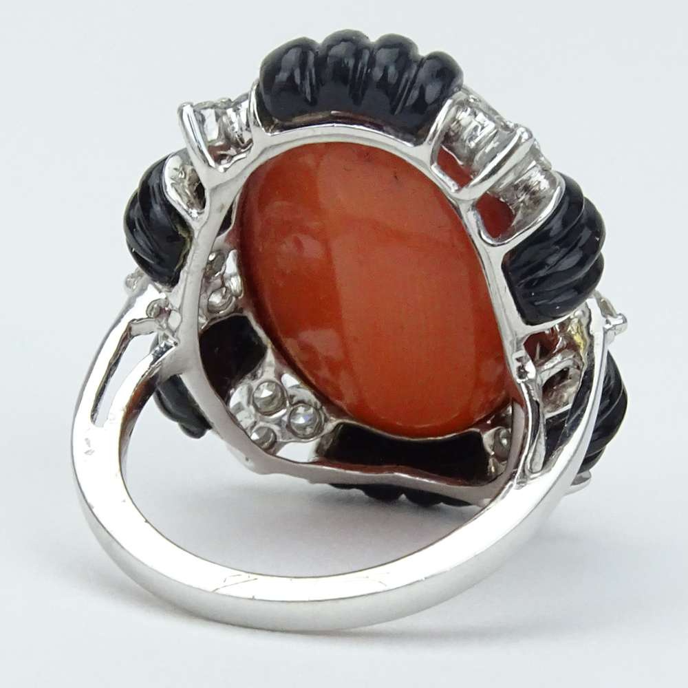 Cabochon Red Coral, Diamond, Onyx and 18 Karat White Gold Ring