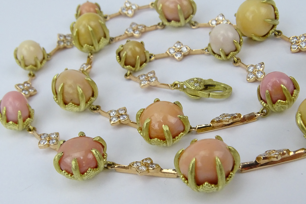 Rare Vintage Fifteen (15) Round and Oval Conch Pearl, Diamond and 18 Karat Yellow and Rose Gold Necklace