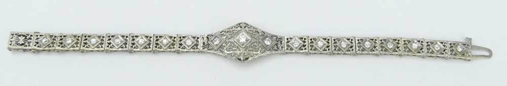 1.50 Carat Old European Cut Diamond and Filigree 14 Karat White Gold Bracelet.