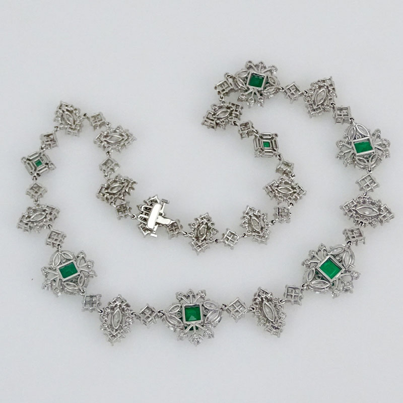 8.50 Carat Colombian Muzo Mine Octagonal Step Cut Emerald, 48.88 Carat Marquise, Round and Square Cut Diamond and Platinum Necklace. 