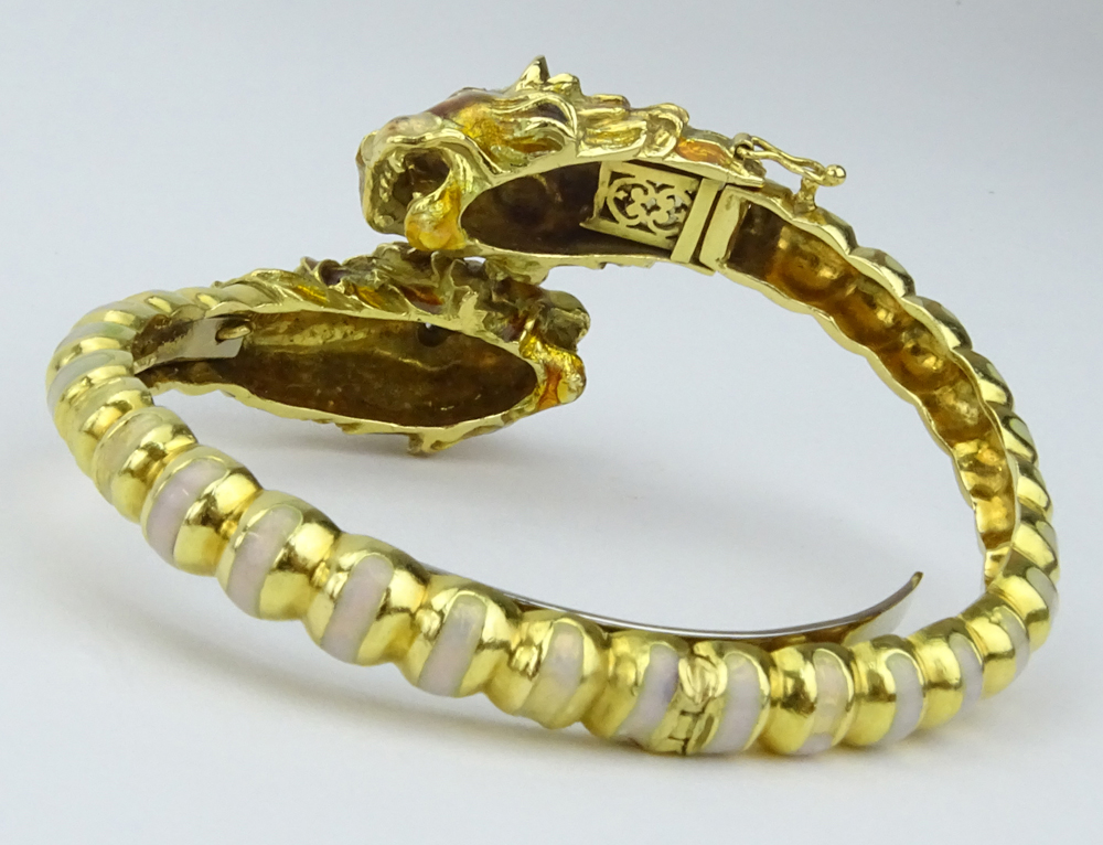 Vintage Italian 18 Karat Yellow Gold Tiger Bangle Bracelet with Diamond and Enamel Accents