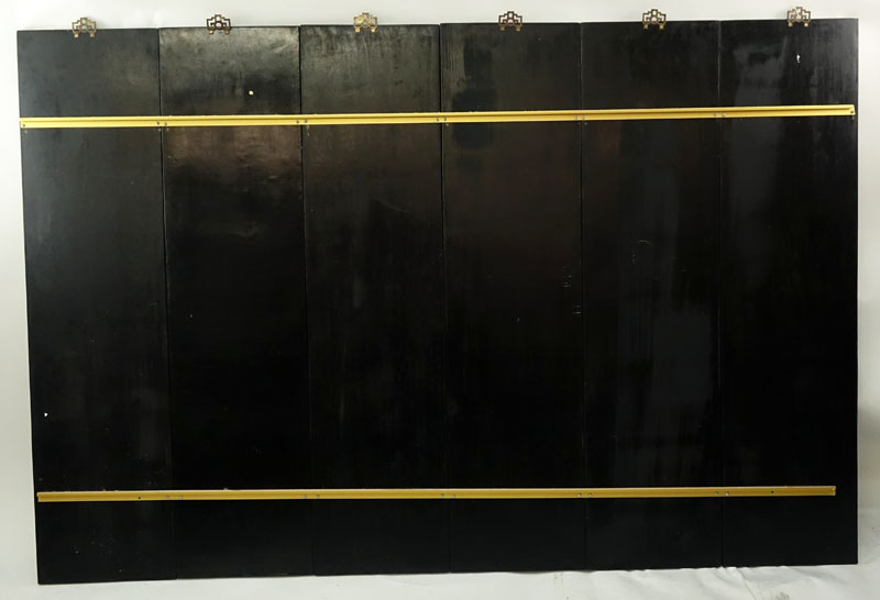 Set of six (6) Mid Century Modern Chinese Black Lacquer and Painted Wall Panels