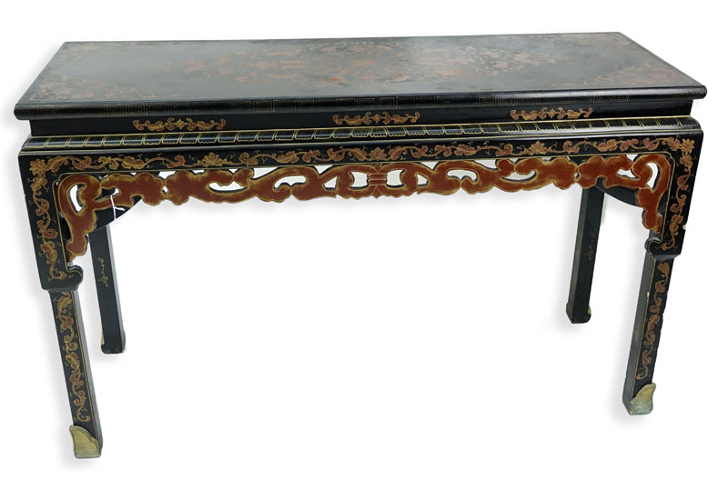 Mid Century Modern Chinese Black Lacquer and Painted Console Table