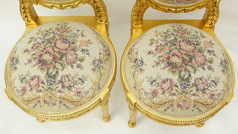 Pair of 20th Century Louis XVI Style Giltwood and Upholstered Balloon Back Chairs